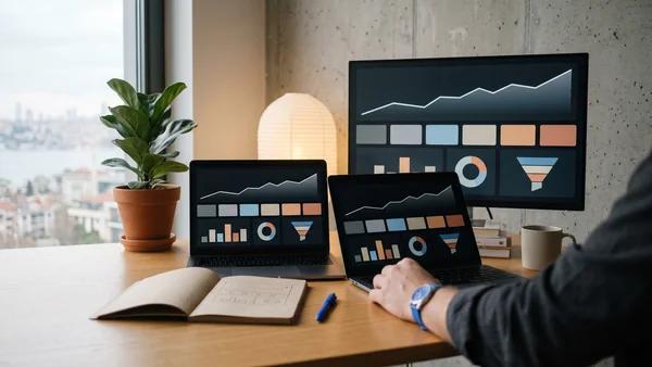 Analytics dashboard showing rising conversion and adoption charts on screen