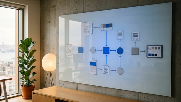 Top down view of wireframe sketches color swatches and a component library tablet