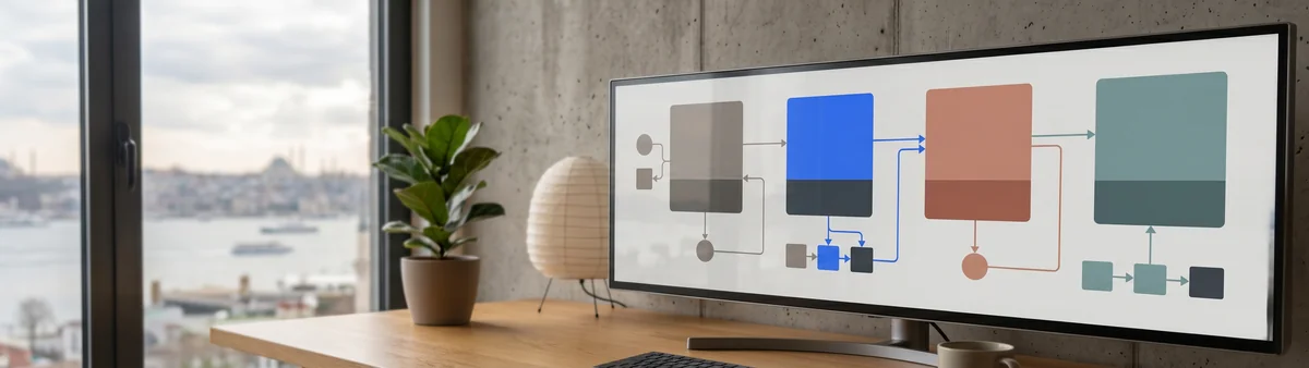 Four stage video production process flow from concept to delivery shown as connected scenes