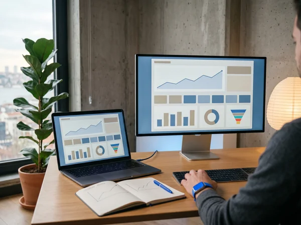Analytics dashboard showing rising performance and strong Core Web Vitals scores
