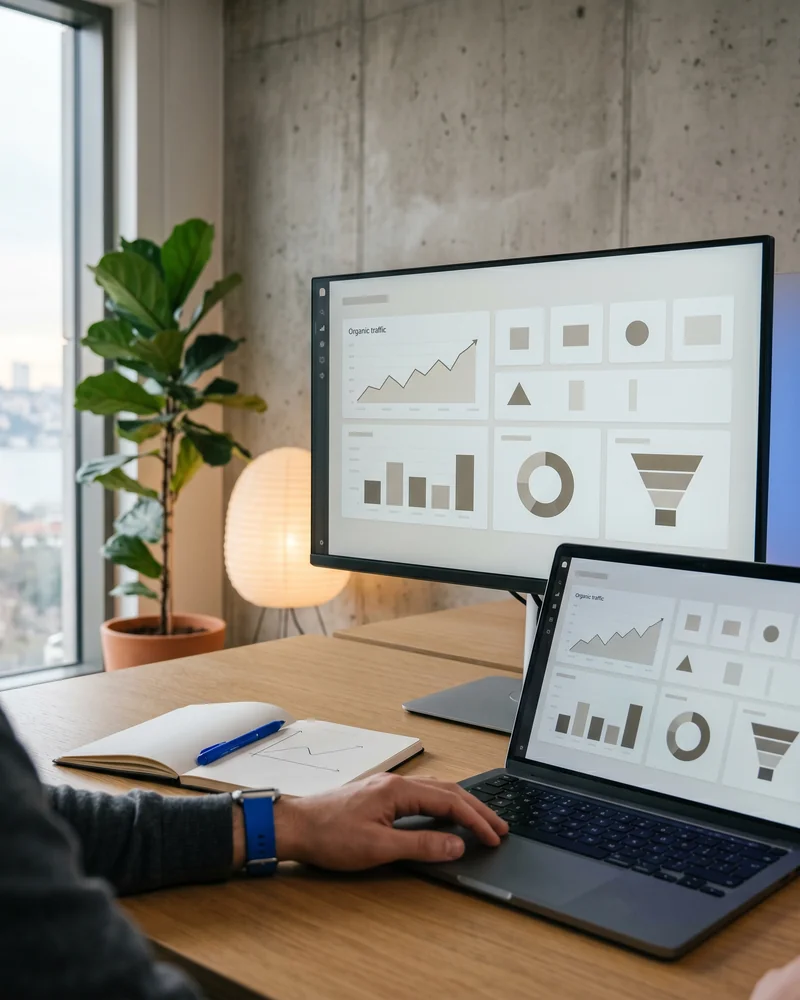 WordPress dashboard beside a rising organic traffic graph on a laptop in a modern office