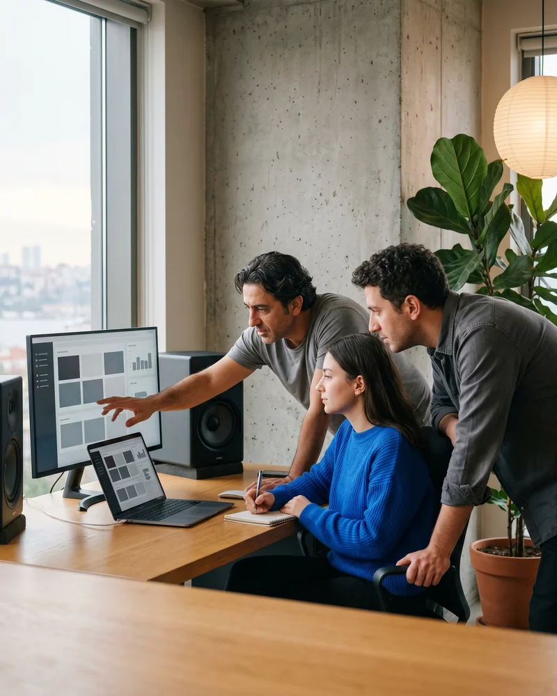 Designer reviewing a modern WordPress web design layout on a large studio monitor