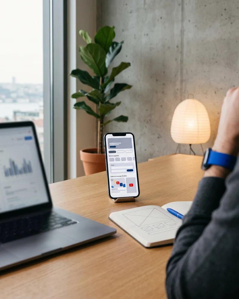 Marketing workspace with a video ad campaign timeline on screen and a vertical YouTube ad preview on a phone