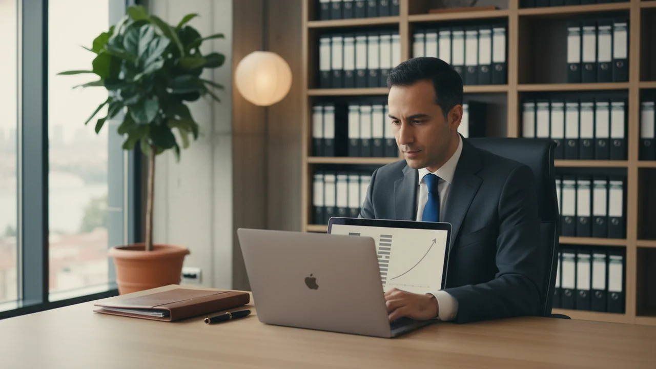 Avukat modern büroda dizüstü bilgisayarda arama sonuçlarını inceliyor